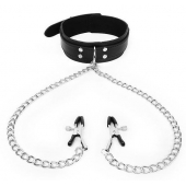 Черный ошейник с зажимами на соски на цепочке - Notabu - купить с доставкой в Уфе