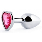 Серебристая анальная пробка с малиновым кристаллом-сердечком - 7 см. - Anal Jewelry Plug - купить с доставкой в Уфе