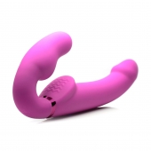 Розовый безремневой страпон с вибрацией и функцией расширения Inflatable Ergo-Fit Strapless Strap-On - XR Brands - купить с доставкой в Уфе