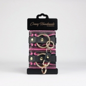 Черные кожаные наручники с розовой строчкой - Crazy Handmade - купить с доставкой в Уфе