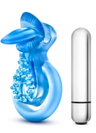 Голубое эрекционное виброкольцо 10 Function Vibrating Tongue Ring - Blush Novelties - в Уфе купить с доставкой