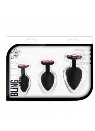 Набор черных анальных пробок с красным кристаллом-сердечком Bling Plugs Training Kit - Blush Novelties - купить с доставкой в Уфе