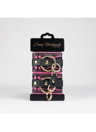 Черные кожаные наручники с розовой строчкой - Crazy Handmade - купить с доставкой в Уфе