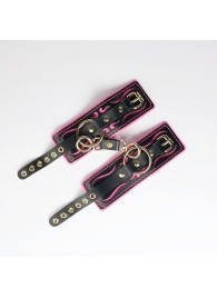 Черные кожаные наручники с розовой строчкой - Crazy Handmade - купить с доставкой в Уфе