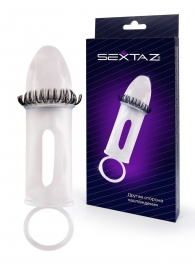 Закрытая насадка на пенис с подхватом мошонки и стимулирующими «ресничками» - Sextaz - в Уфе купить с доставкой