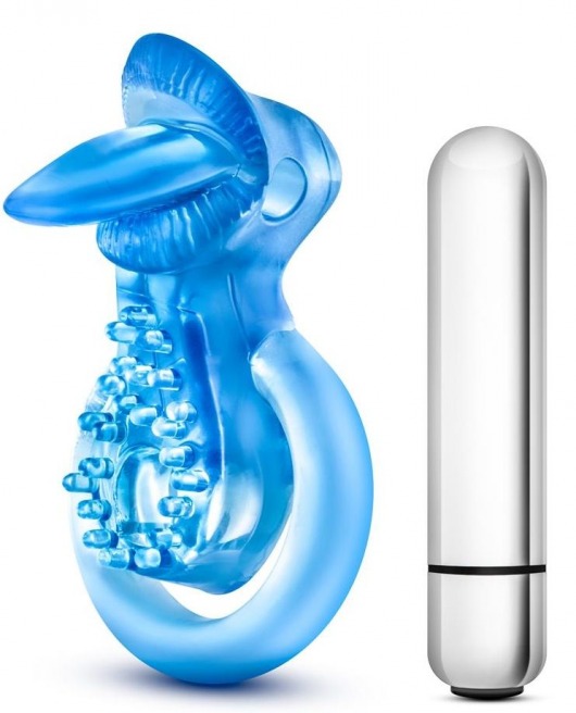 Голубое эрекционное виброкольцо 10 Function Vibrating Tongue Ring - Blush Novelties - в Уфе купить с доставкой