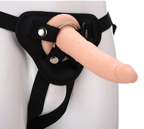 Телесный страпон на черных трусиках STRAP ON REAL DILDO - 20 см. - Dream Toys - купить с доставкой в Уфе