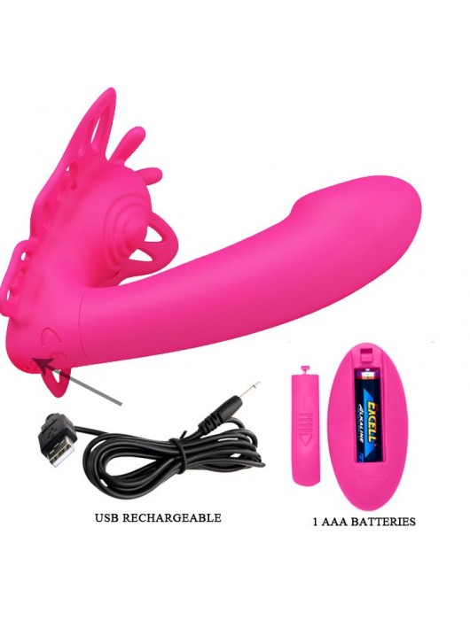 Розовая клиторальная бабочка с вагинальным виброотростком Katherine - Baile