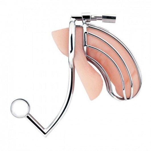 Серебристая металлическая клетка с анальным стимулятором Cock Cage - BlueLine - купить с доставкой в Уфе