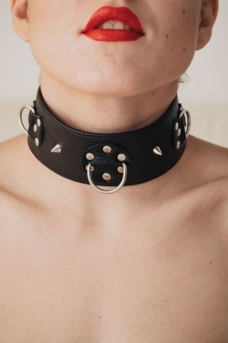 Чёрный кожаный ошейник с кольцами и клёпками - БДСМ Арсенал - купить с доставкой в Уфе