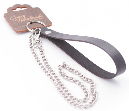 Серебристый металлический поводок с кожаной черной ручкой - 80 см. - Crazy Handmade - купить с доставкой в Уфе