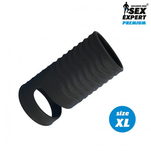 Черная открытая насадка на пенис с кольцом для мошонки XL-size - 8,9 см. - Sex Expert - в Уфе купить с доставкой