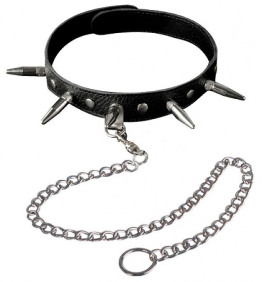 Чёрный кожаный ошейник с шипами и цепочкой - Sitabella - купить с доставкой в Уфе