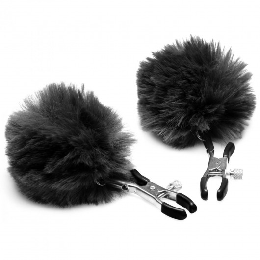 Зажимы для сосков с черным помпонами Pom Pom Nipple Clamps - XR Brands - купить с доставкой в Уфе