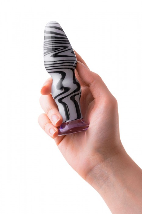 Белая анальная пробка из стекла с чёрными полосами - 11,6 см. - Sexus в Уфе Белая анальная пробка из стекла с чёрными полосами - 11,6 см. - Sexus