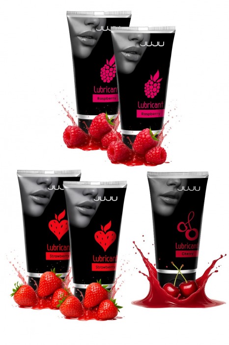 Набор из 5 съедобных лубрикантов JUJU (клубника х 2, малина х 2, вишня) - JuJu - купить с доставкой в Уфе