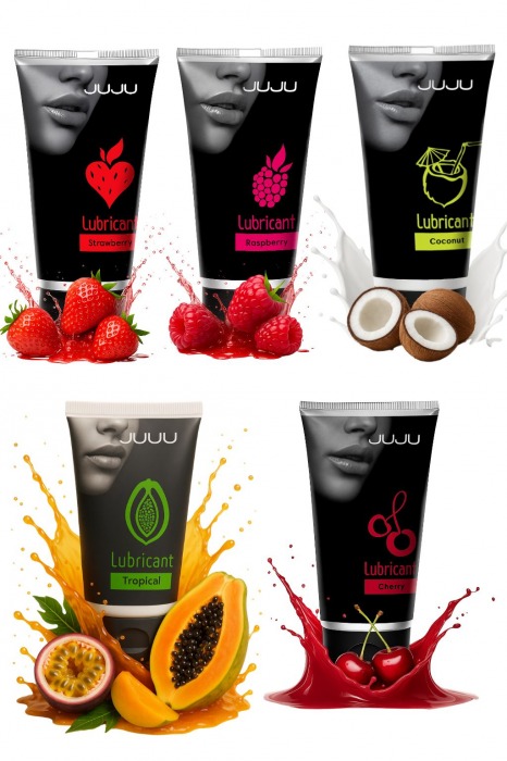 Набор из 5 съедобных лубрикантов JUJU (клубника, малина, тропические фрукты, вишня, кокос) - JuJu - купить с доставкой в Уфе Набор из 5 съедобных лубрикантов JUJU (клубника, малина, тропические фрукты, вишня, кокос) - JuJu - купить с доставкой в Уфе