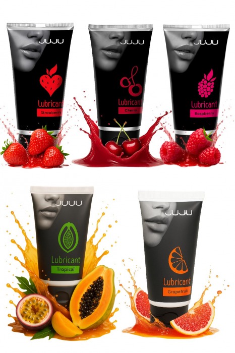 Набор из 5 съедобных лубрикантов JUJU (клубника, малина, тропические фрукты, вишня, грейпфрут) - JuJu - купить с доставкой в Уфе Набор из 5 съедобных лубрикантов JUJU (клубника, малина, тропические фрукты, вишня, грейпфрут) - JuJu - купить с доставкой в Уфе