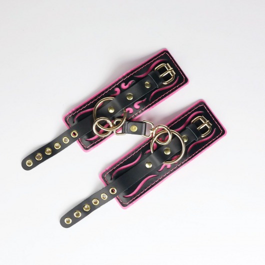 Черные кожаные наручники с розовой строчкой - Crazy Handmade - купить с доставкой в Уфе