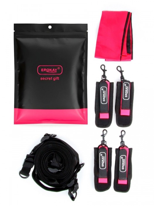 Черно-розовый эротический набор: фиксатор, оковы, наручники, повязка - Erokay - купить с доставкой в Уфе