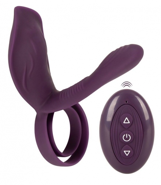 Фиолетовая насадка на член с клиторальным отростком и пультом ДУ RC Couple’s Vibrator 2 - Orion - в Уфе купить с доставкой