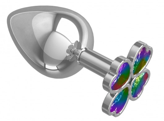 Серебристая анальная пробка-клевер с радужным кристаллом - 9,5 см. - Джага-Джага - купить с доставкой в Уфе