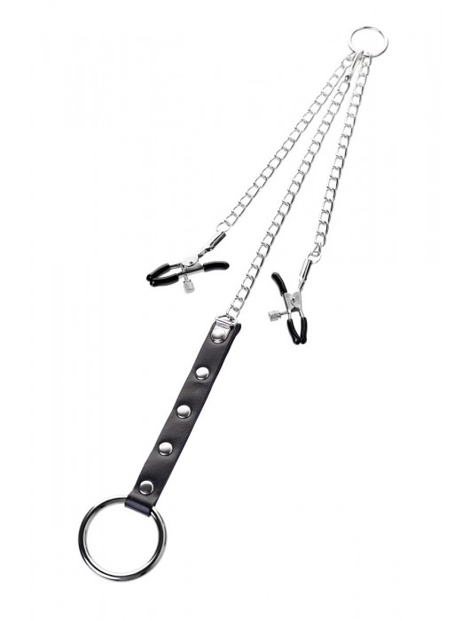 Серебристо-чёрные зажимы для сосков с кольцом для пениса TOYFA Metal - ToyFa - купить с доставкой в Уфе